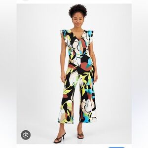 Rachel Roy Ruffled Sleeve Cropped Jumpsuit in Black Bloom Print